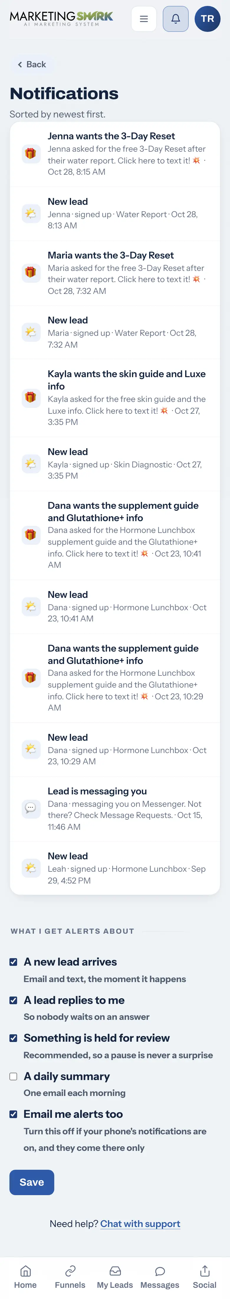 Lead alerts on your phone in the app